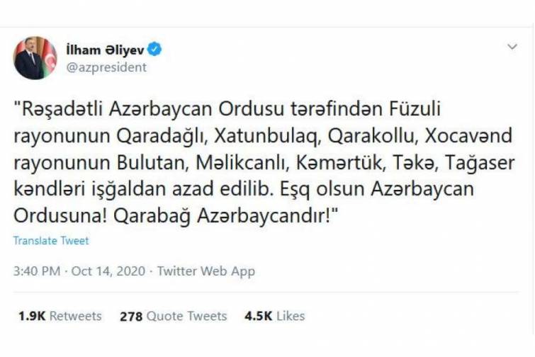 Prezident yeni ərazilərin işğaldan azad olunduğunu açıqladı